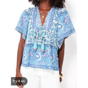 BELL by Alicia Bell Silk Cotton Blend Blue Floral Tassel Boho Resort Blouse XS